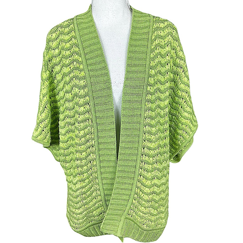 ST. JOHN SPORT: Neon Green Textured Wool Blend Short Sleeve Cardigan -Sz P/Large